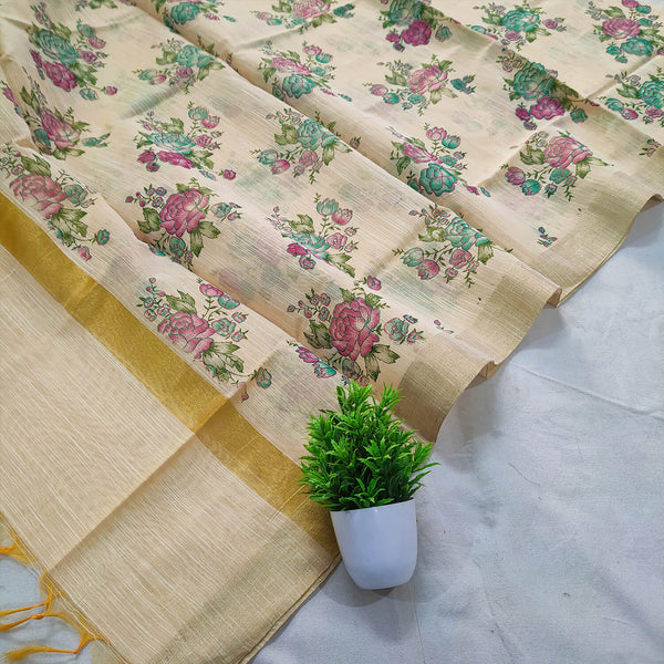 Beige Floral Digital Print Banarasi Silk Dupatta