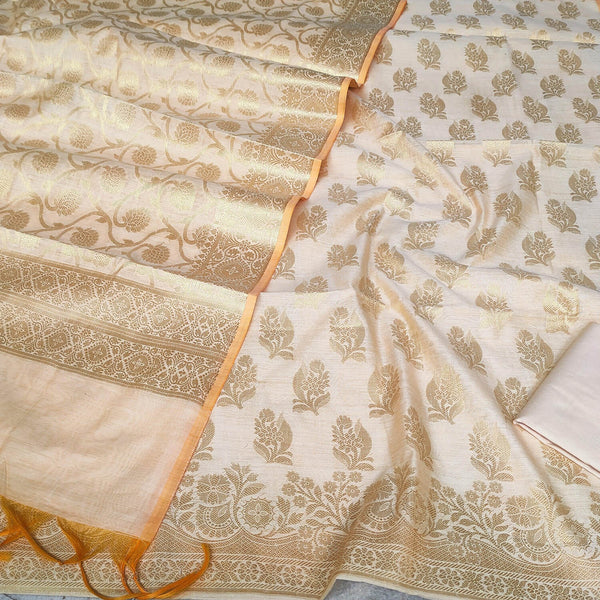 Beige Golden Zari Banarasi Silk Suit