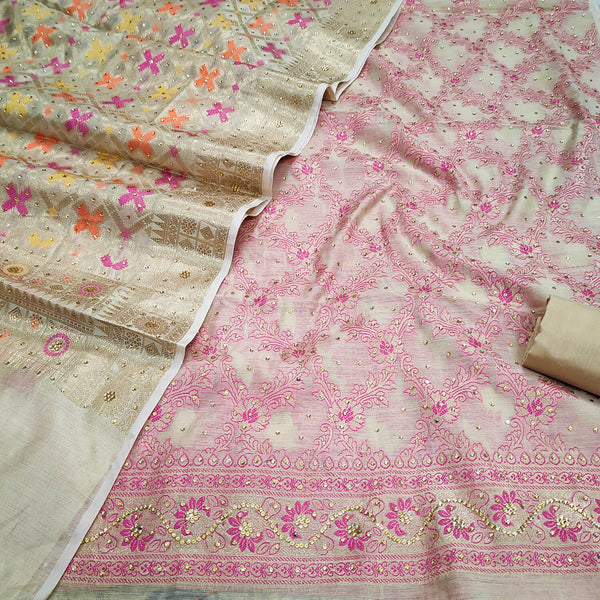 Beige Pink Meena Stone Work Banarasi Silk Suit