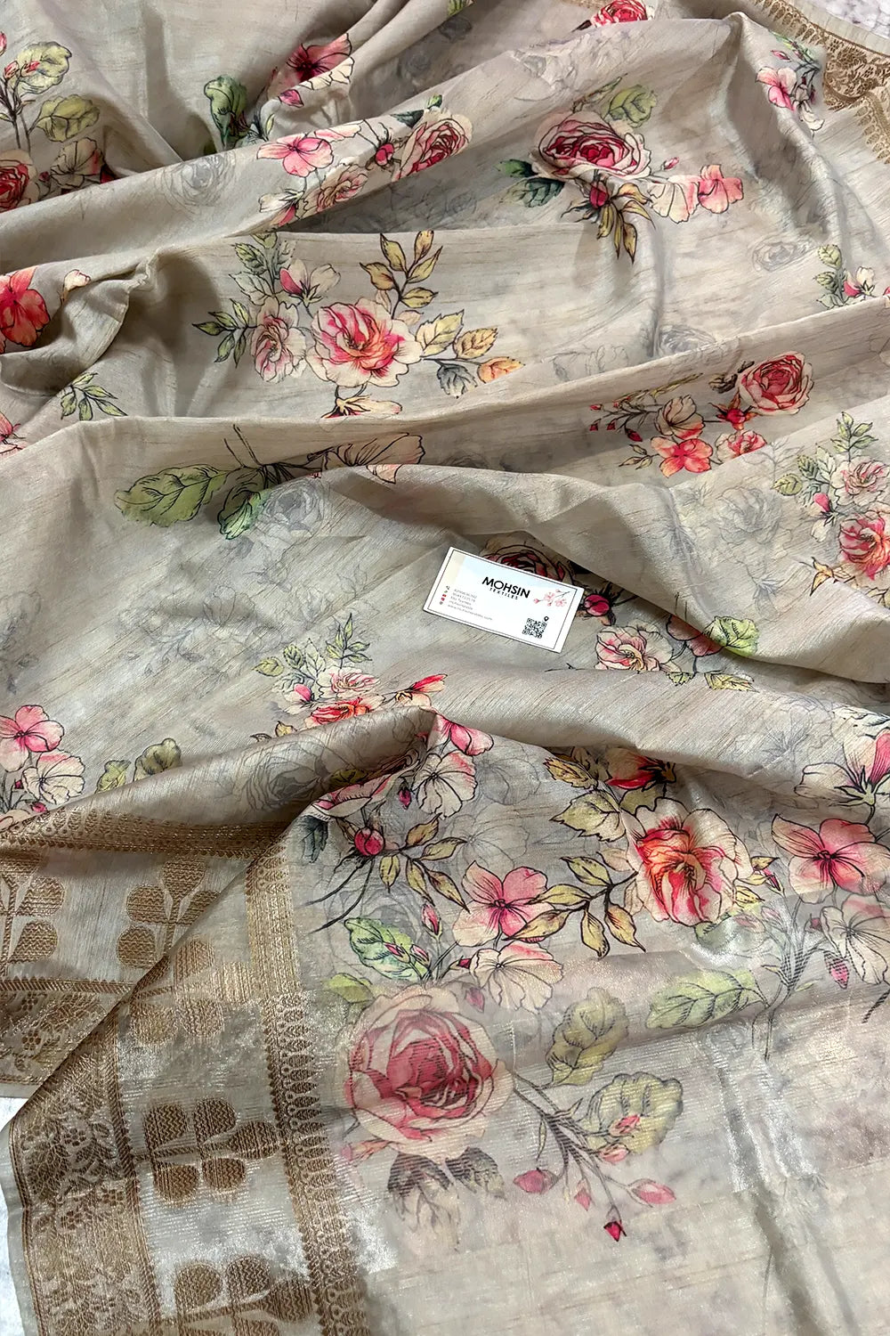 Beige Printed Tussar Silk Saree