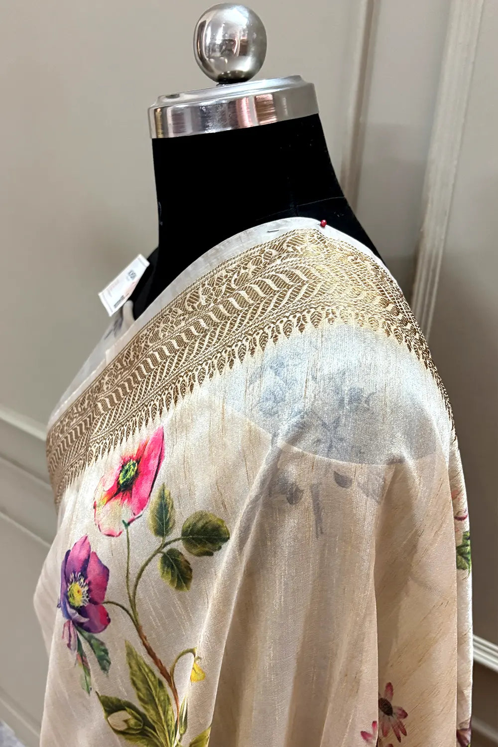 Beige Printed Tussar Silk Banarasi Saree