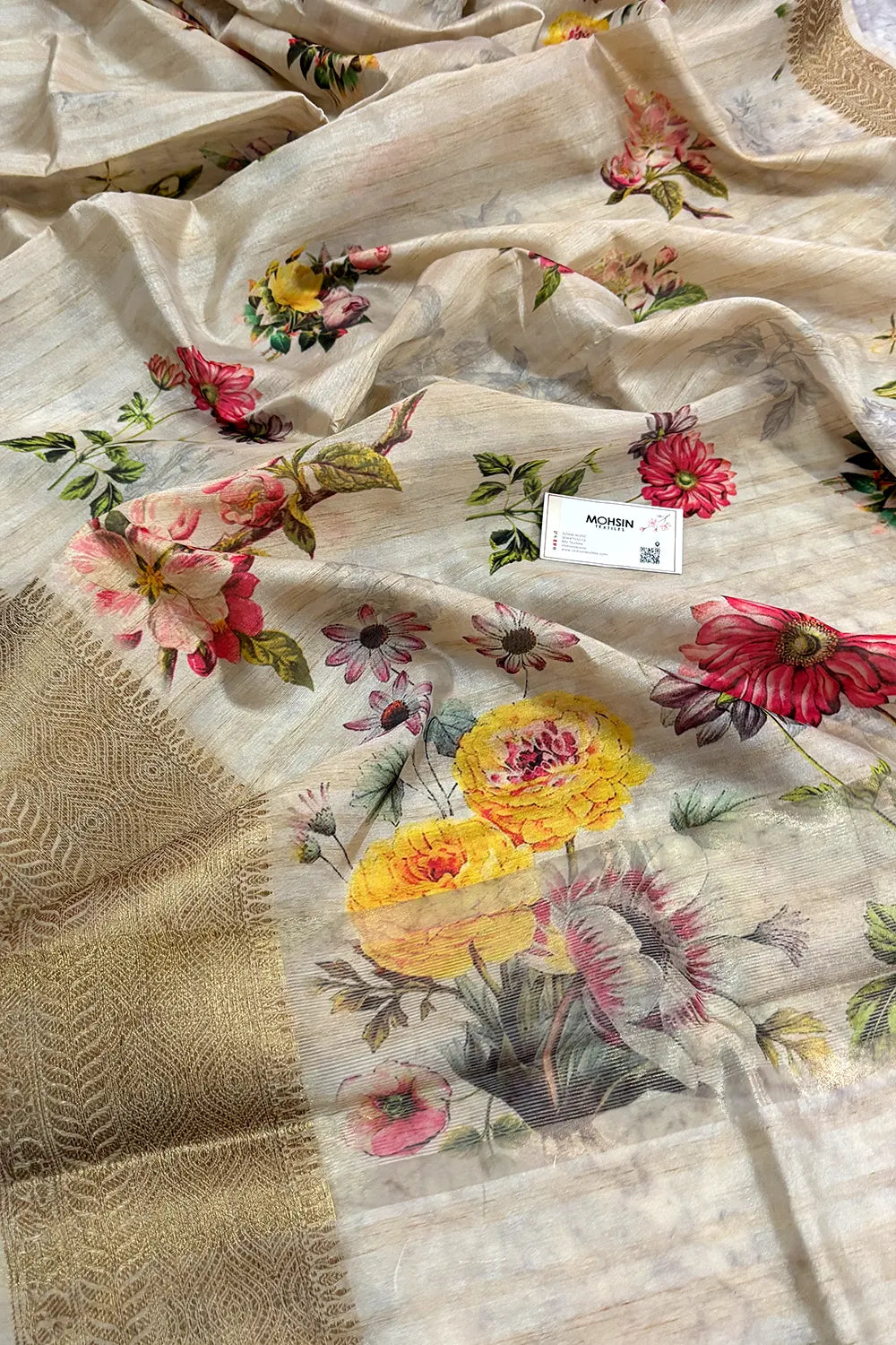 Beige Printed Tussar Silk Banarasi Saree