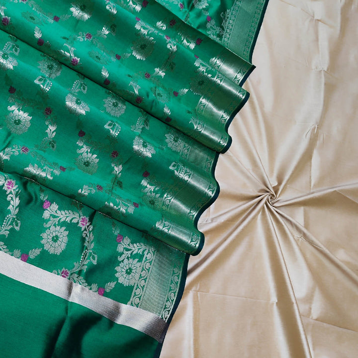 Beige and Green Banarasi Silk Salwar Suit