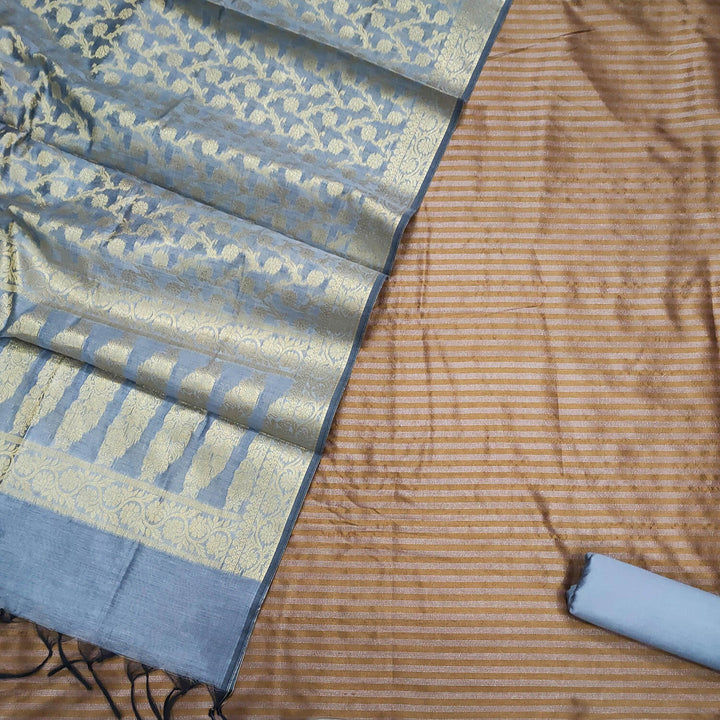 Beige and Grey Contrass Plain Banarasi Silk Suit