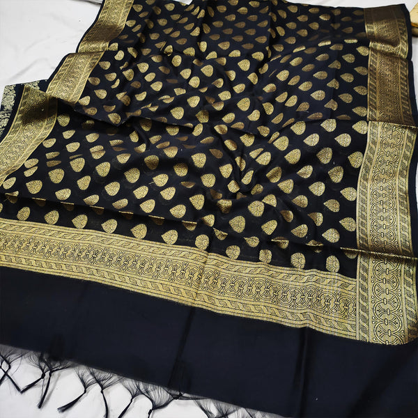 Black Buti Pattern Satin Silk Banarasi Dupatta