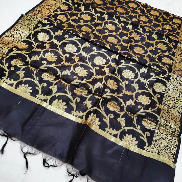 Black Golden Zari Banarasi Silk Dupatta
