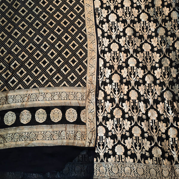Black Handloom Golden Zari Georgette Silk Banarasi Suit