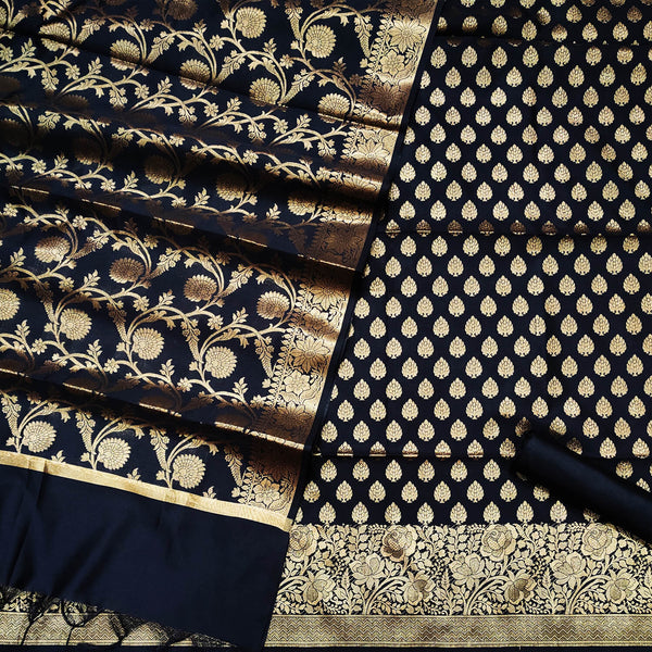 Black Golen Zari Satin Silk Banarasi Suit