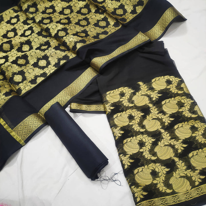 Black Matka Semi Georgette Silk Banarasi Suit