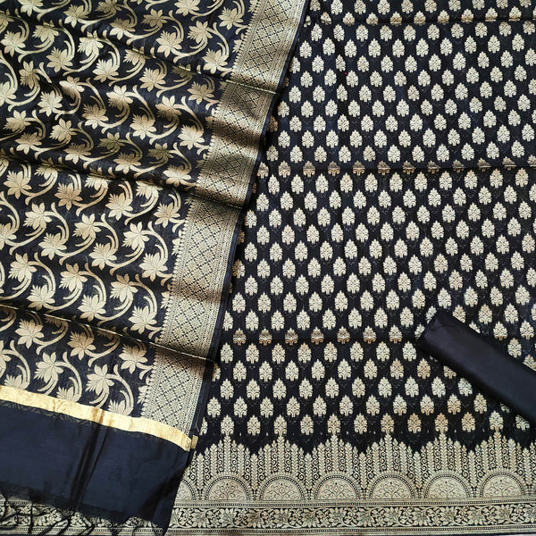 Black Party Wear Golden Zari Banarasi Silk Suit