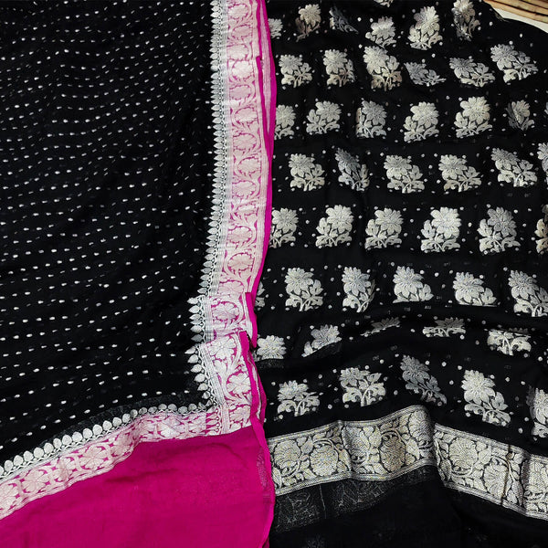 Black and Pink Handloom Banarasi Georgette Silk Salwar Suit