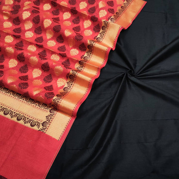 Black and Red Contrass Plain Banarasi Silk Suit