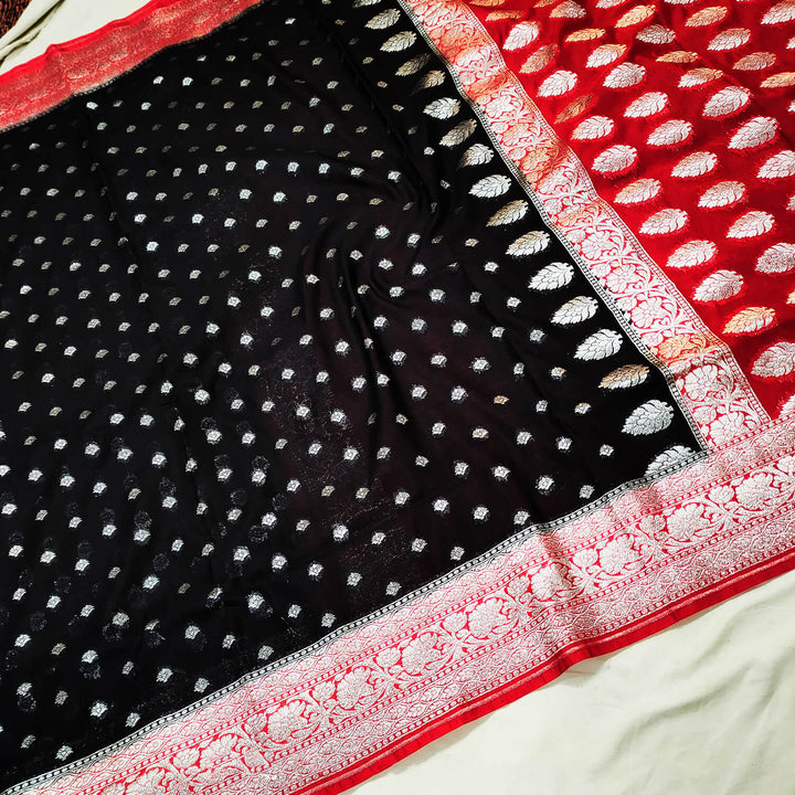 Black and Red Handloom Georgette Banarasi Saree