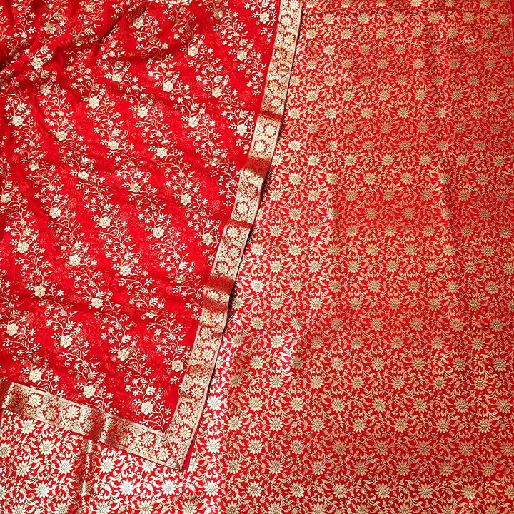 Blood Red Floral Kimkhab Silk Banarasi Gharara