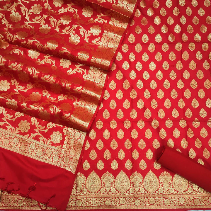 Blood Red Golden Zari Satin Silk Banarasi Suit