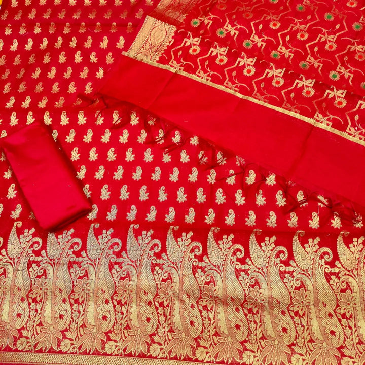Blood Red Paisley Golden Zari Banarasi Silk Suit