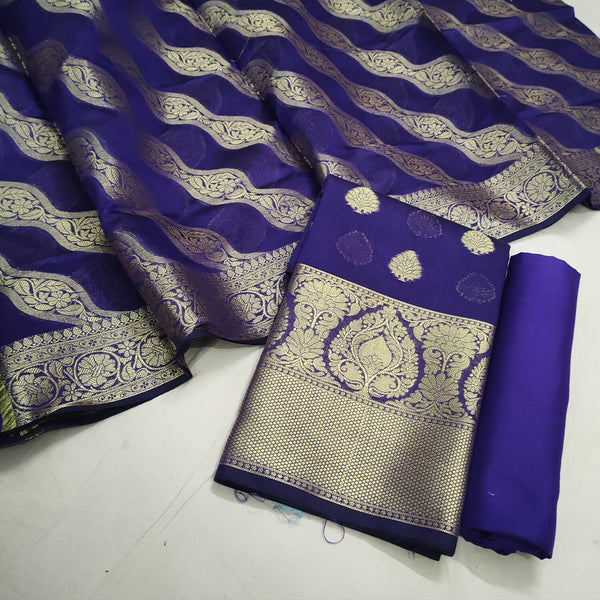 Blue Banarasi Silk Suit With Stripe Dupatta