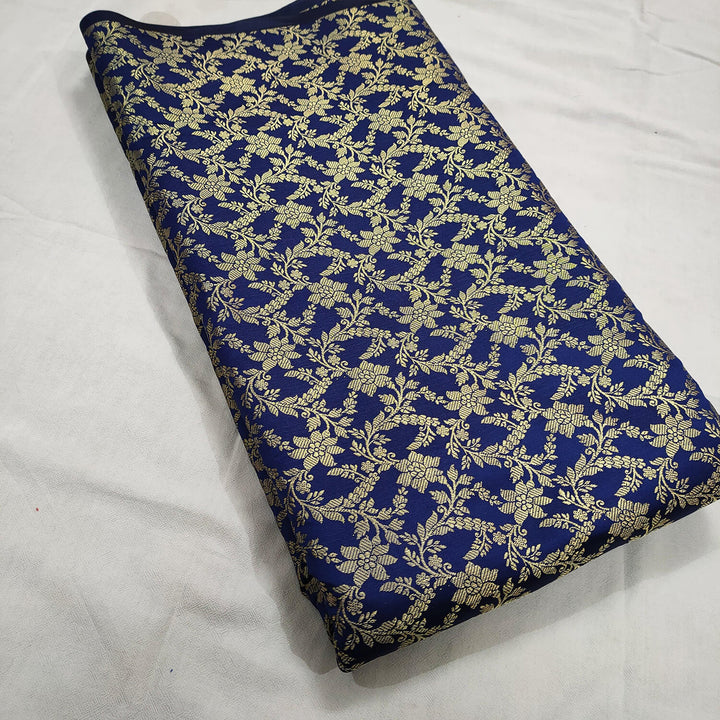 Blue Floral Zari Work Satin Silk Fabric