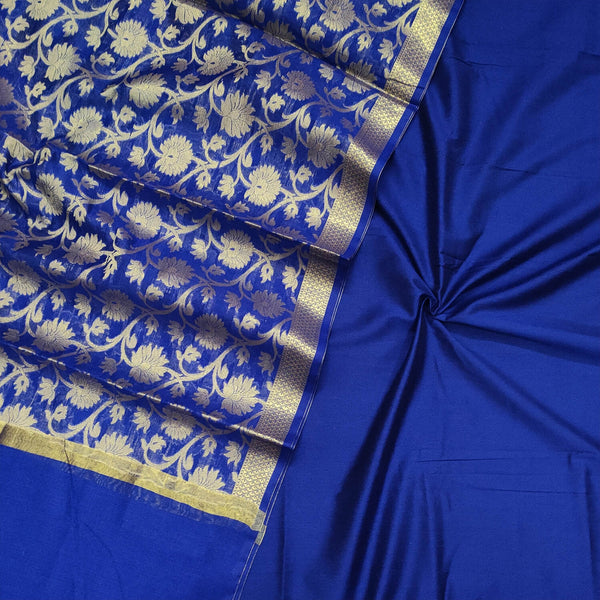 Blue Plain Banarasi Silk Suit With Floral Dupatta