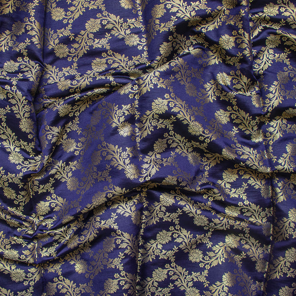 Blue Stripe Golden Zari Satin Silk Fabric