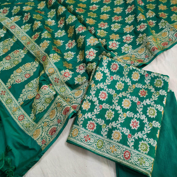 Bottle Green Meenakari Katan Silk Banarasi Suit