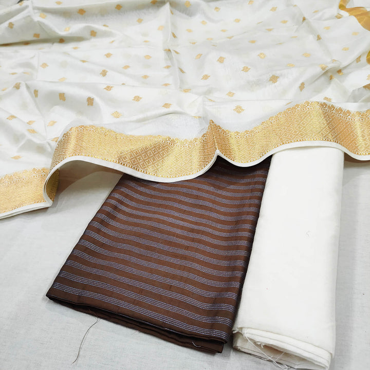 Brown and White Plain Stripe Banarasi Silk Suit