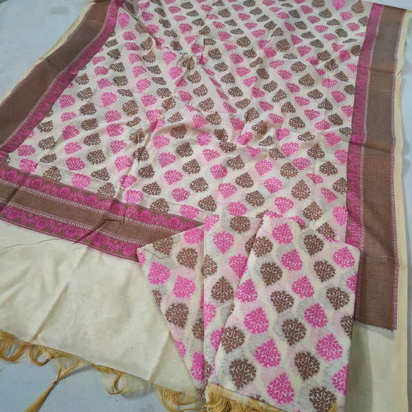 Cream Resham Zari Cotton Silk Banarasi Dupatta