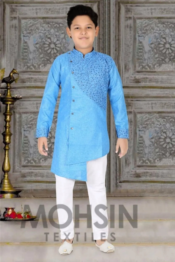 Firozi Neck Print Cotton Silk Boys Kurta Pajama