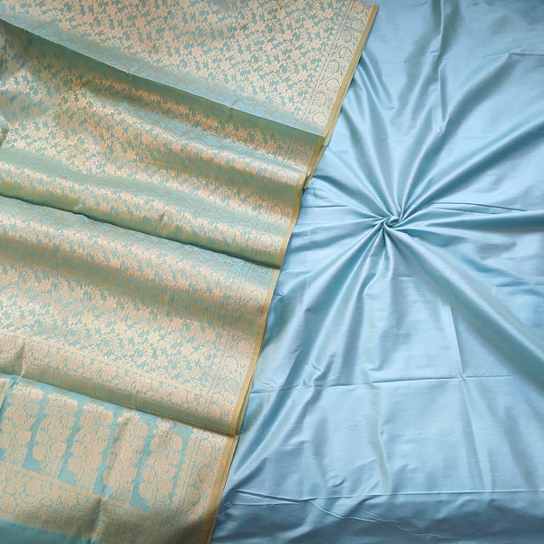 Firozi Plain Banarasi Silk Suit With Zari Dupatta