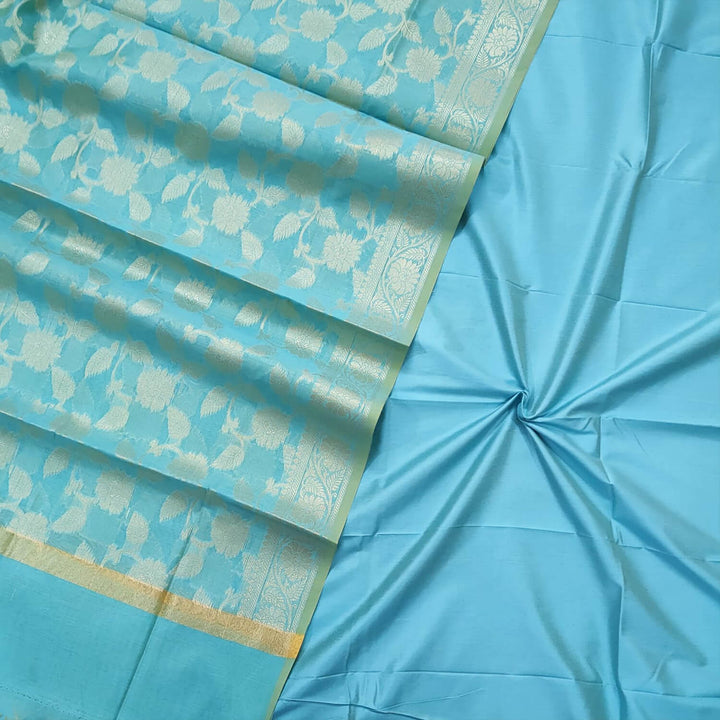 Firozi Plain Banarasi Silk Suit With Zari Work Dupatta