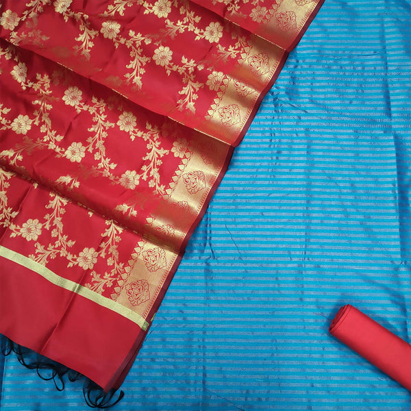 Firozi and Red Contrass Plain Banarasi Silk Suit