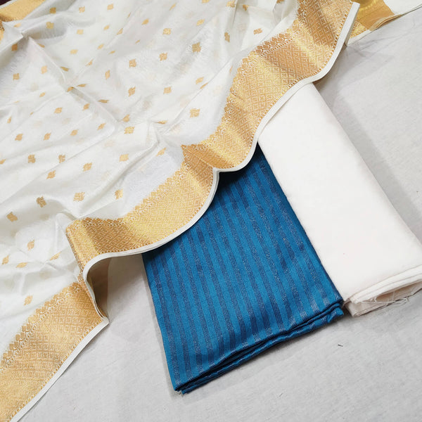 Firozi and White Plain Stripe Banarasi Silk Suit