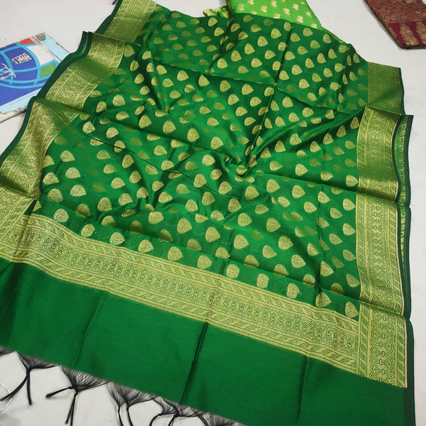 Green Buti Pattern Satin Silk Banarasi Dupatta