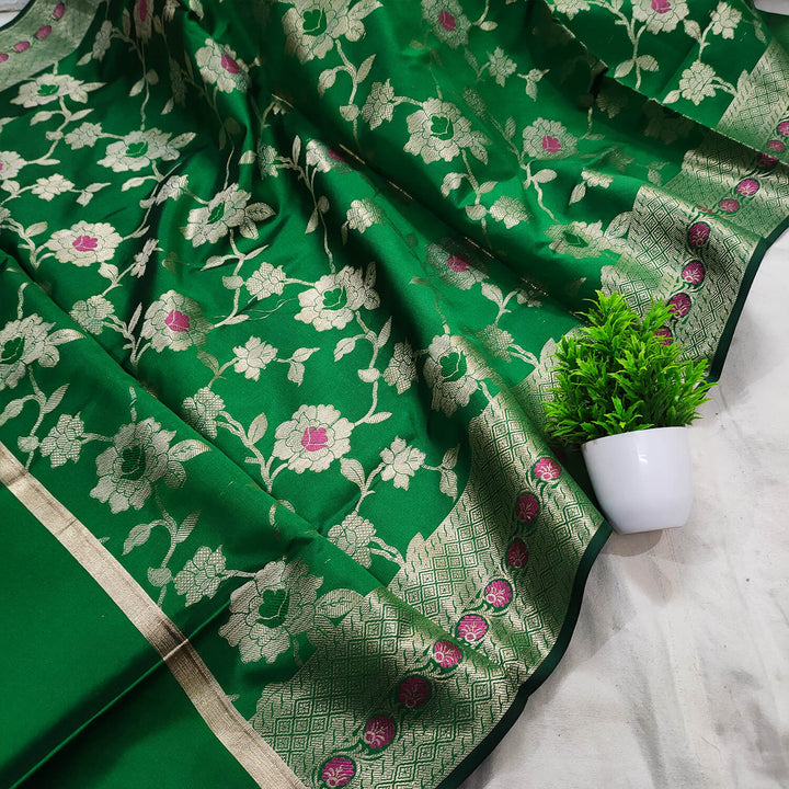 Green Floral Meenakari Satin Silk Banarasi Dupatta