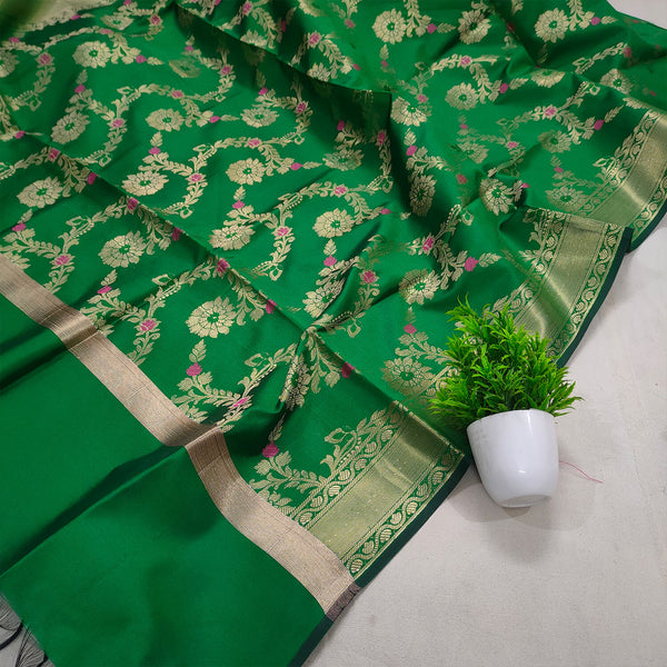 Green Golden Zari Meenakari Satin Silk Banarasi Dupatta