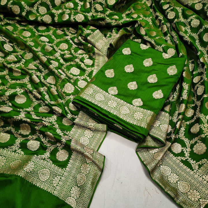 Green Pure Handloom Katan Silk Banarasi Suit