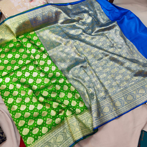 Green and Blue Contrass Katan Silk Banarasi Saree