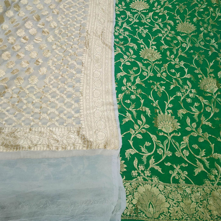 Green and White Handloom Georgette Silk Banarasi Suit