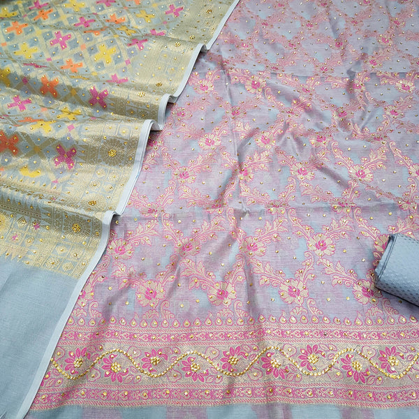 Grey Pink Meena Stone Work Banarasi Silk Suit