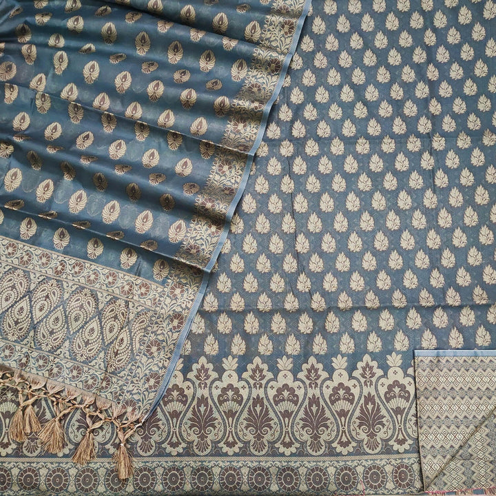 Grey Punjabi Resham Cotton Silk Banarasi Suit