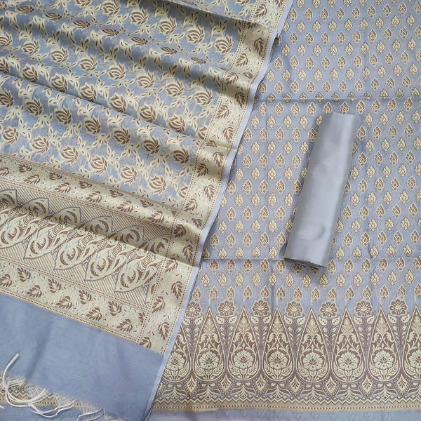 Grey Punjabi Resham Zari Cotton Silk Banarasi Suit