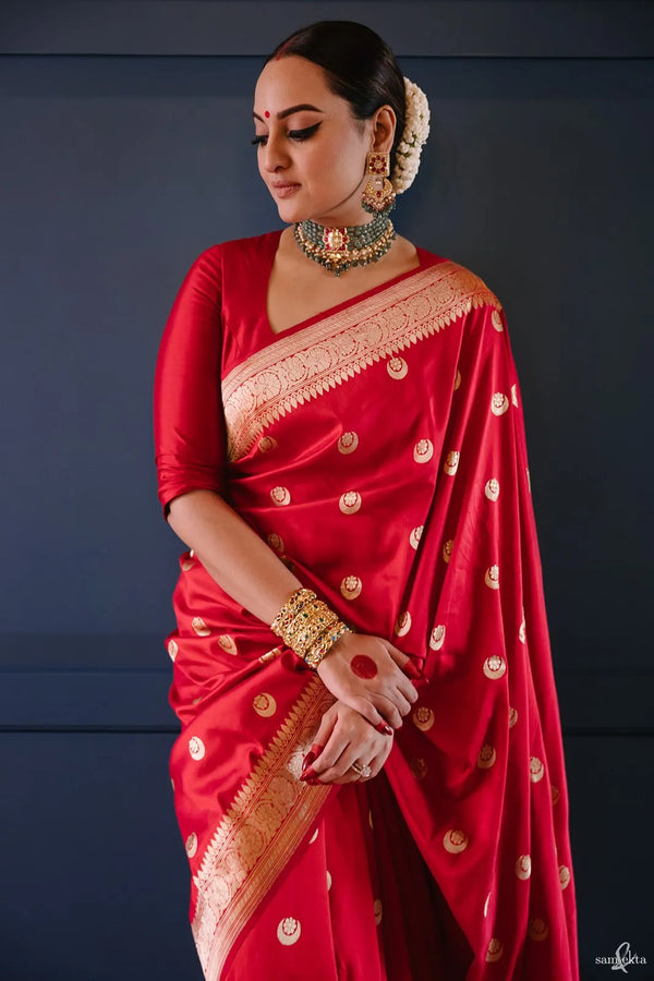 Sonakshi Sinha Red Chand Tara Katan Silk Banarasi Saree