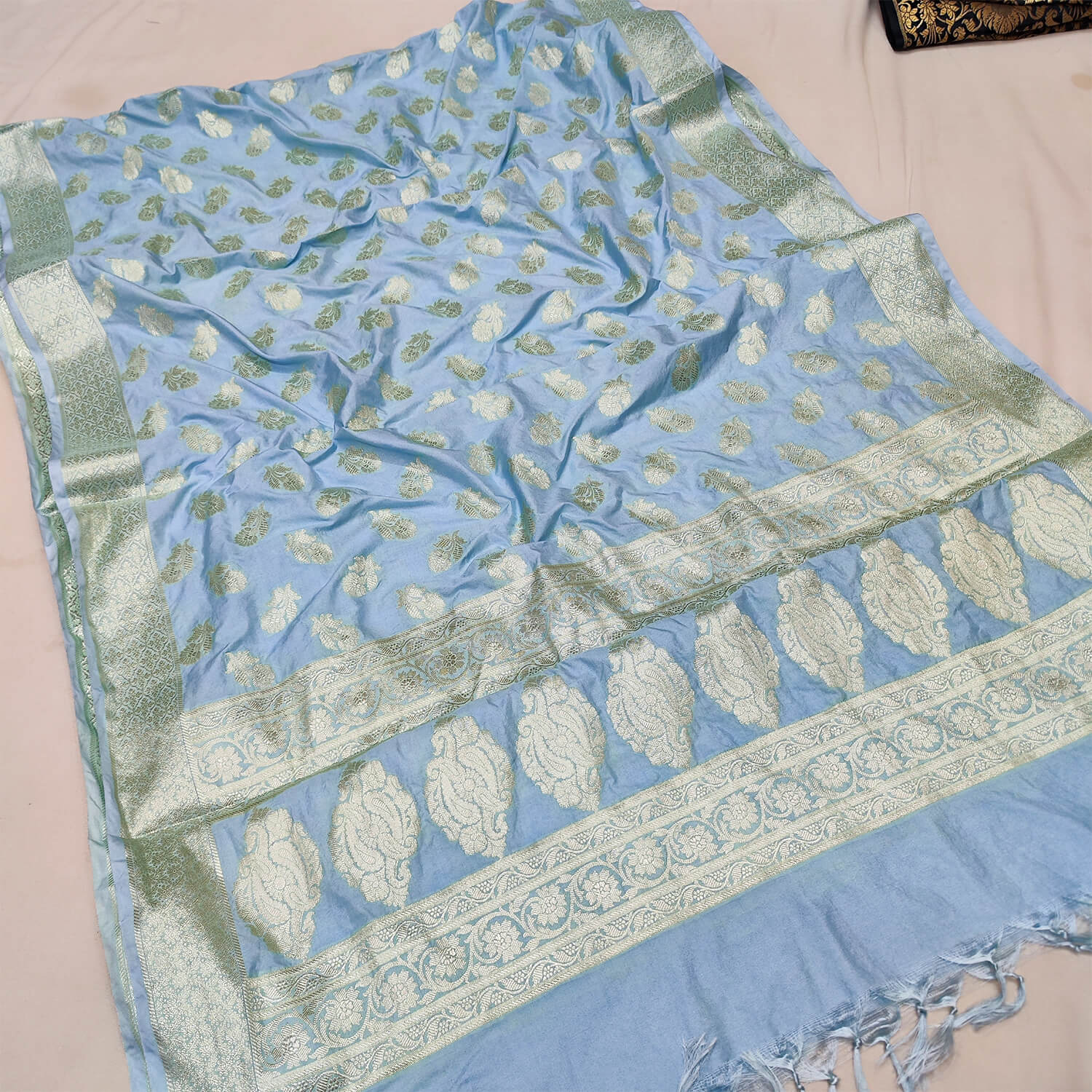 Light Firozi Golden Zari Katan Silk Banarasi Dupatta – Mohsin Textiles