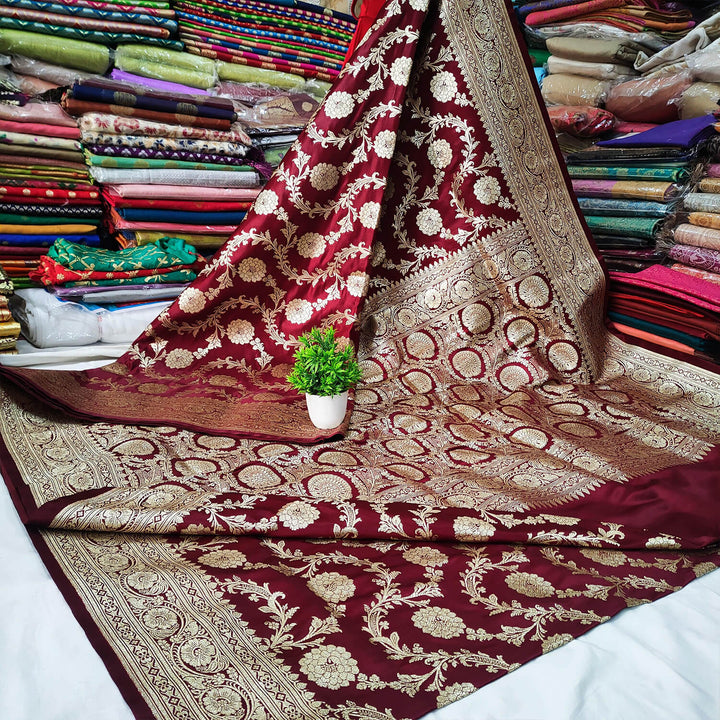 Maroon Bridal Handloom Katan Silk Banarasi Saree