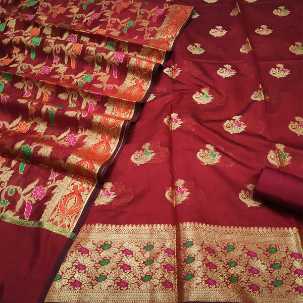 Maroon Meenakari Golden Zari Banarasi Silk Suit