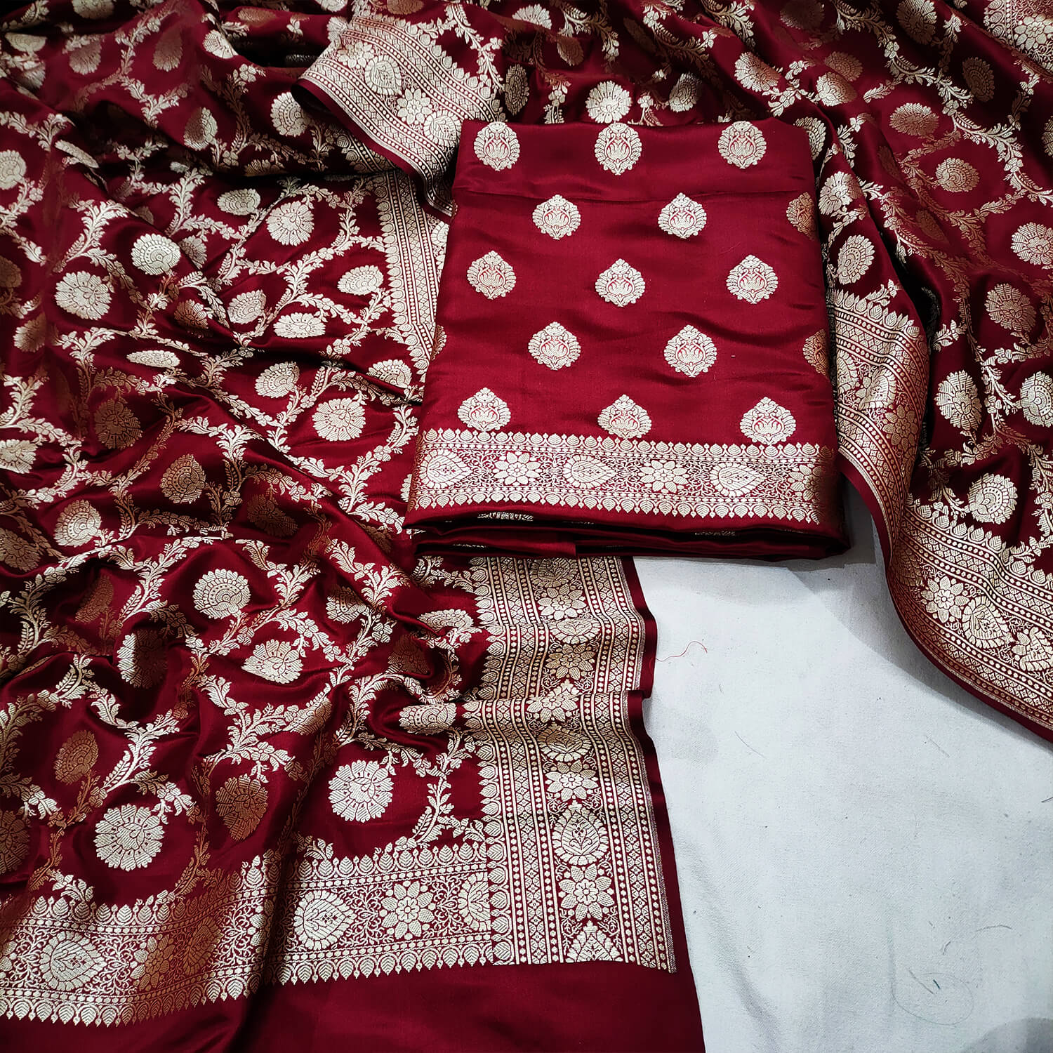 Maroon Pure Handloom Katan Silk Banarasi Suit