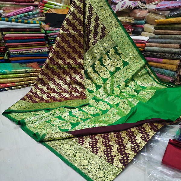 Maroon and Green Handloom Crepe Banarasi Saree