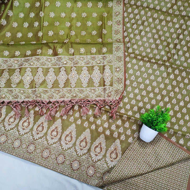 Mehendi Stone Work Cotton Silk Banarasi Suit