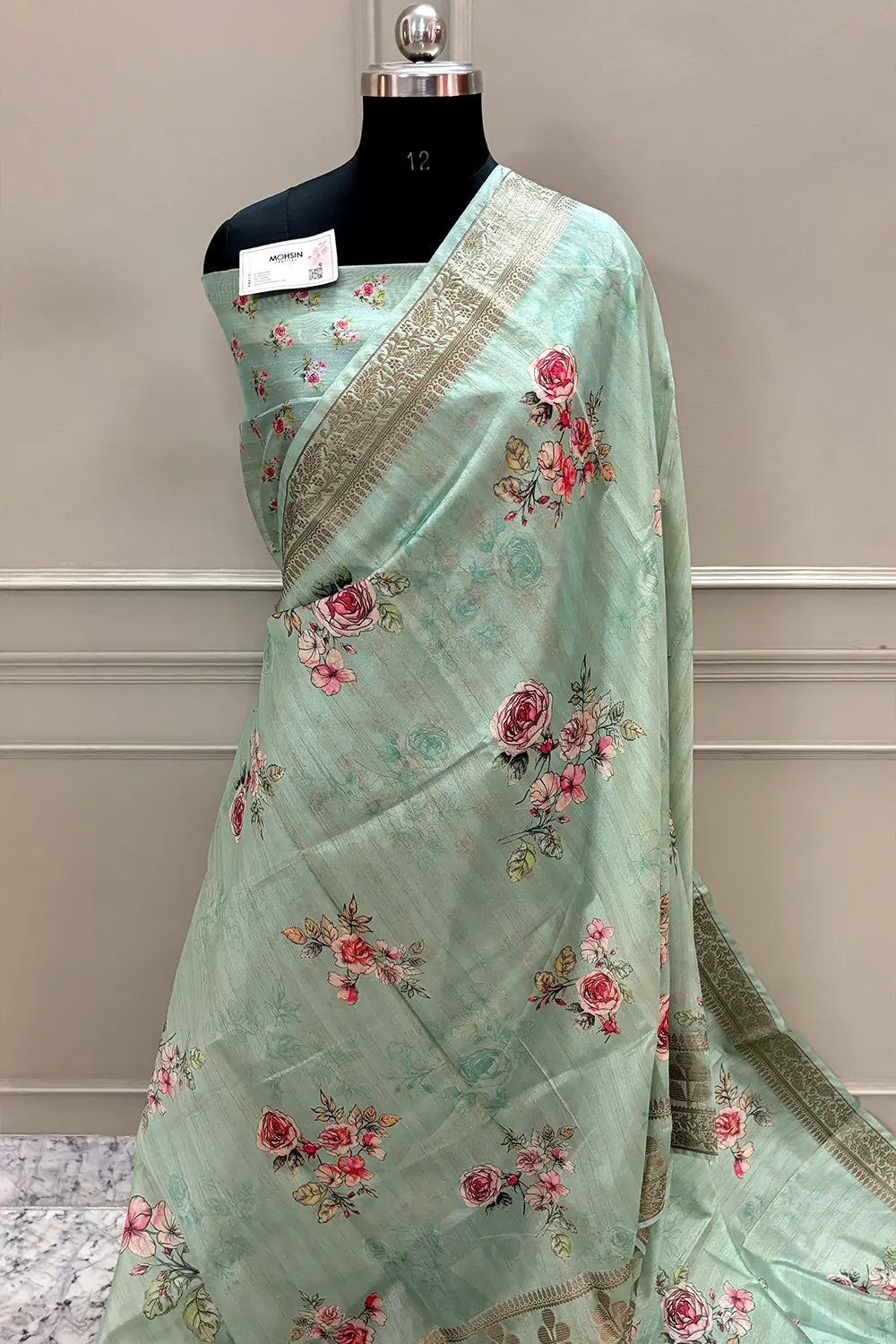 Mint Printed Tussar Silk Saree