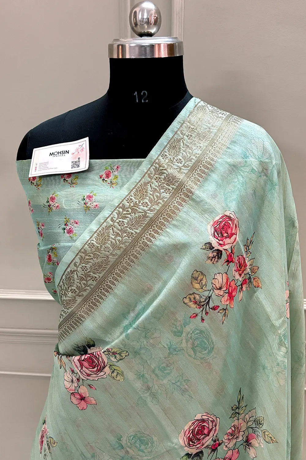 Mint Printed Tussar Silk Saree